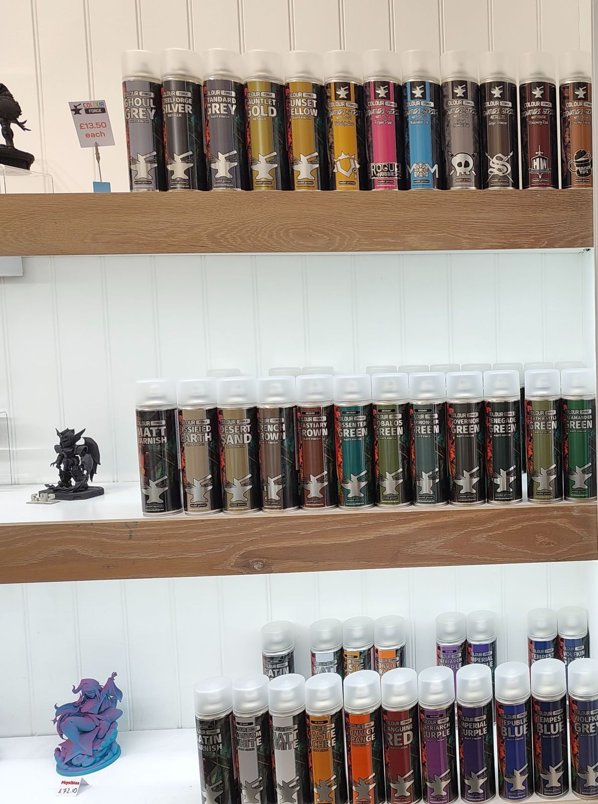 Shelves of Colour Forge spray cans at Physibles