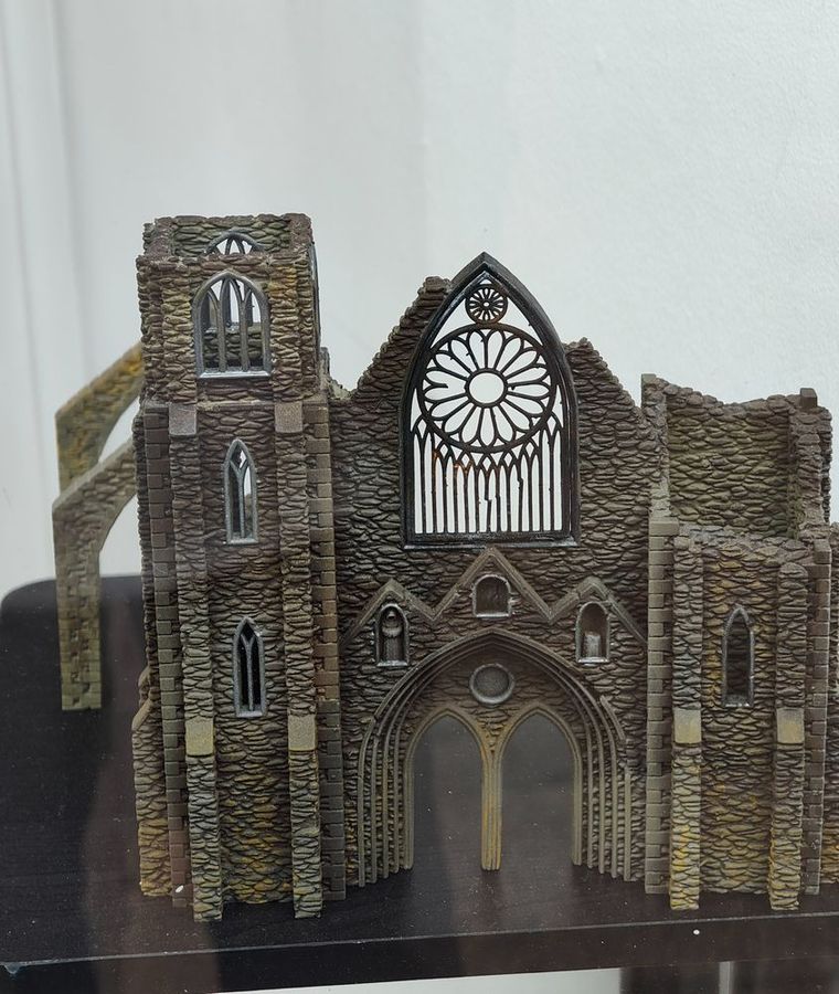 A painted gothic cathedral ruin terrain piece